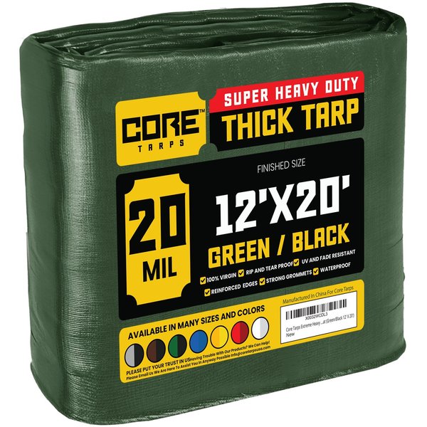 Core Tarps 20 ft L x 0.5 mm H x 12 ft W Heavy Duty 20 Mil Tarp, Green/Black, Polyethylene CT-703-12X20